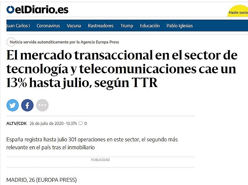 El mercado transaccional en el sector de tecnologa y telecomunicaciones cae un 13% hasta julio, segn TTR